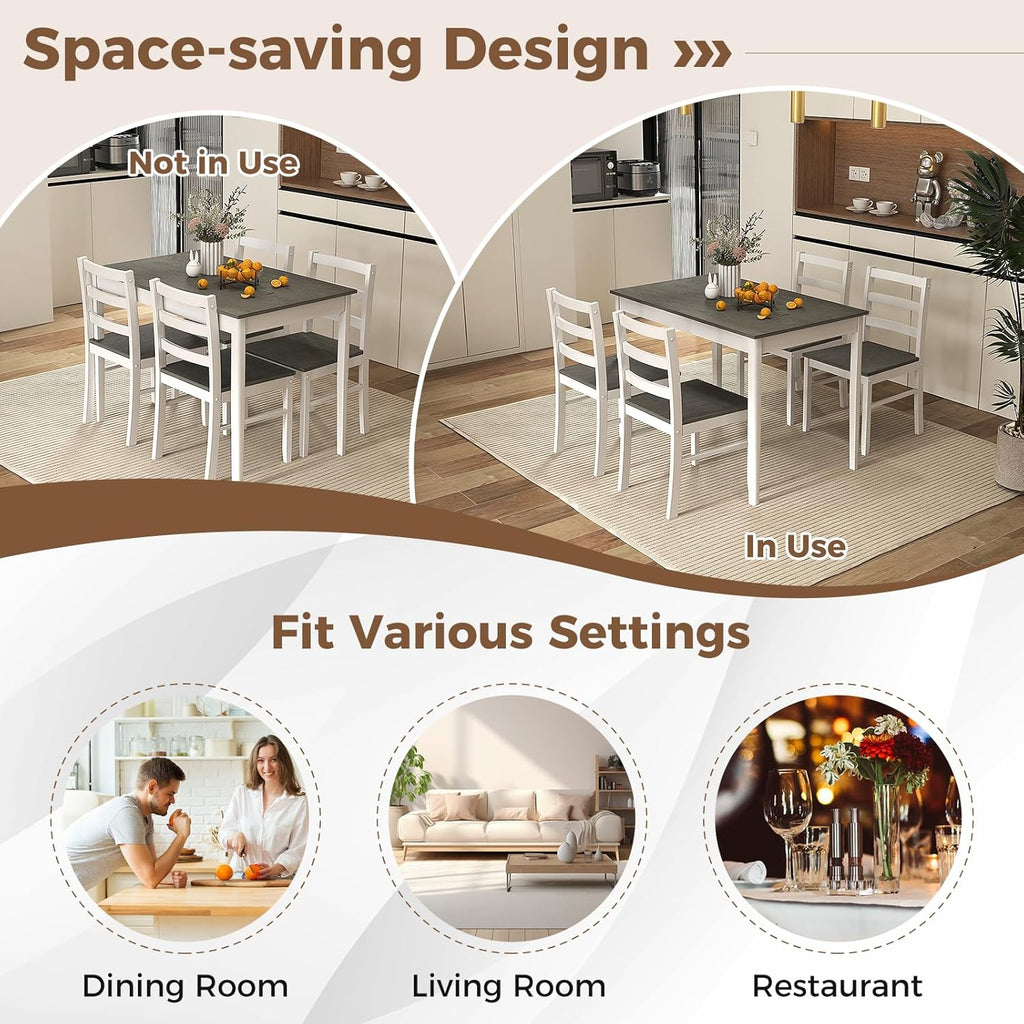 COSTWAY 5-Piece Dining Table Set for 4 w/Rubber Wood Structure, Grey | Spacious Tabletop, Anti-Slip Pads, Rubber Wood Legs, Space-Saving Design for Small Place, Apartment, Studio, Restaurant