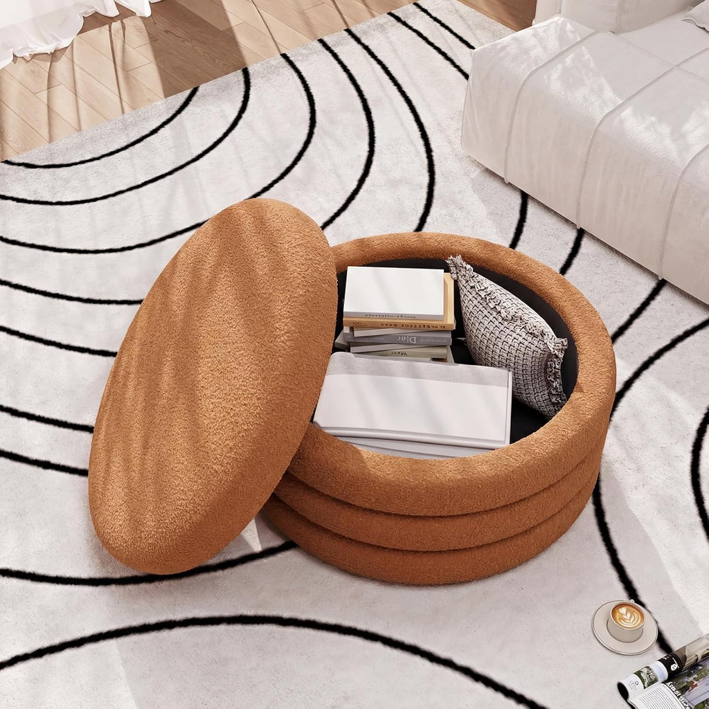 FiveWillowise 30 Inch Round Ottoman with Storage,Large Sherpa Coffee Table | Modern Ottomans with Removable Lid Tray,Multi-Functional,Cozy Foot Rest for Couch,Living Room,Bedroom,Makeup Room,Brown