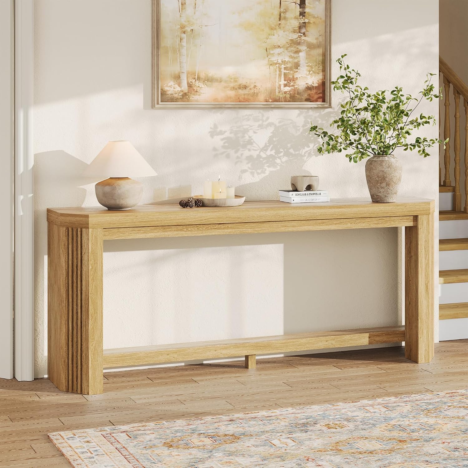 70" Console Table for Entryway, Narrow Long Sofa Table Behind Couch, Wood Couch Table with Open Storage, Easy Assembly Entryway Table for Living Room, Hallway, Foyer, Couch, Natural Oak