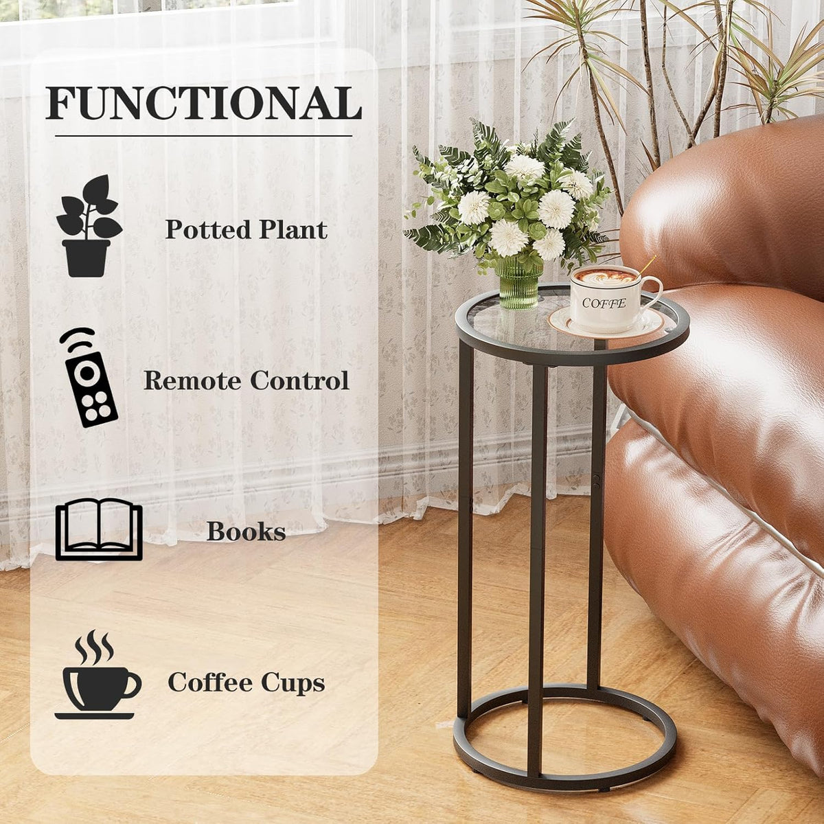 Easy Paws Round Side Table,Glass C Shaped Table,Couch End Table, Tempered Glass Snack Table with Metal Frame, Sofa Couch Bedside Table,TV Tray Table for Small Space(Black,2pcs)