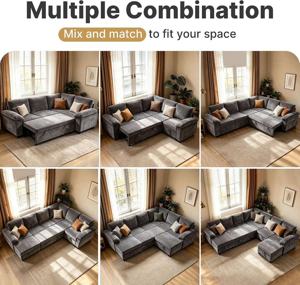 109" Sectional Sleeper 7 Sest Modular Couch Pull-Out Storage Sofa Bed | MastonHome Convertible U-Shaped Cloud Couch with Pillow Armrests, Chenille Fabric for Living Room, Apartment, Grey