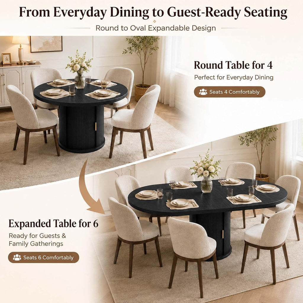 47-63" Extendable Round Dining Table with Storage for 4-6 Person, Fluted Circle Dining Table with 2-Tier Shelves|Leaf, Space-Saving Design (Black, 4-6 Person)