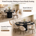 47-63" Extendable Round Dining Table with Storage for 4-6 Person, Fluted Circle Dining Table with 2-Tier Shelves|Leaf, Space-Saving Design (Black, 4-6 Person)