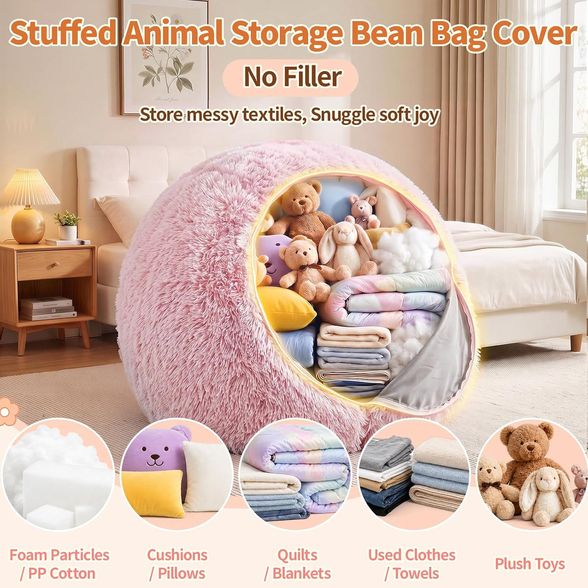 Stuffed Animal Storage Bean Bag Chair Cover, Soft Bean Bag Cover | Fluffy Faux Fur Stuffed Animal Storage Chair, Non-Slip Bottom, Fill with Plush Toys or Blankets, for Kids Teens Adults Girls