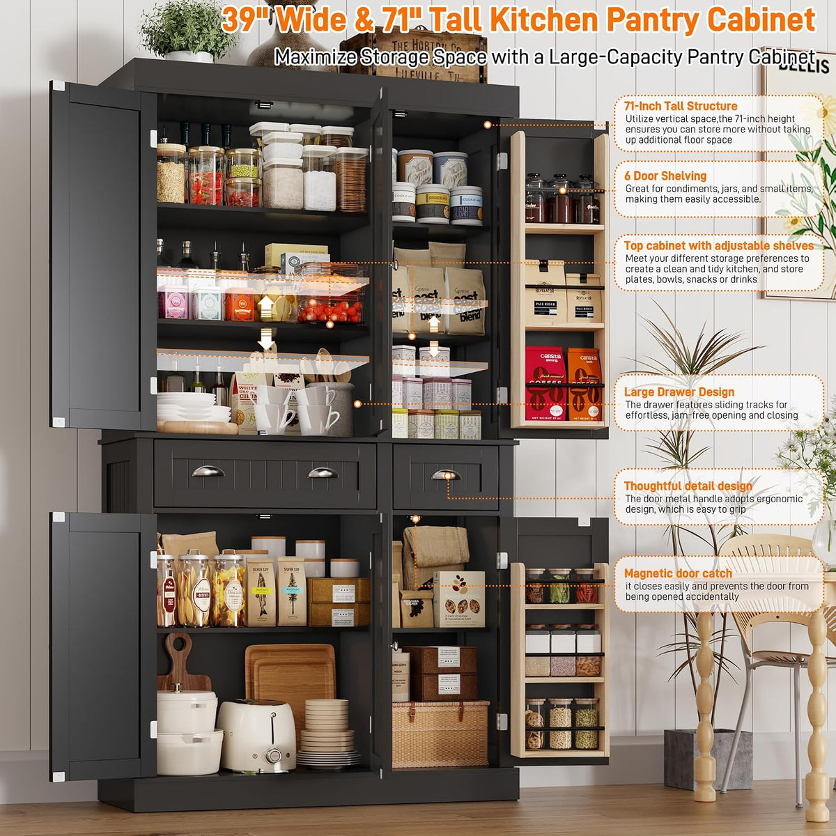 71" Tall Kitchen Cabinet Pantry Storage,Modern Kitchen Hutch Cabinet with Doors and Adjustable Shelves,Large Freestanding Food Pantry with 2 Drawer for Dining Room, Living Room, Hallway,Black