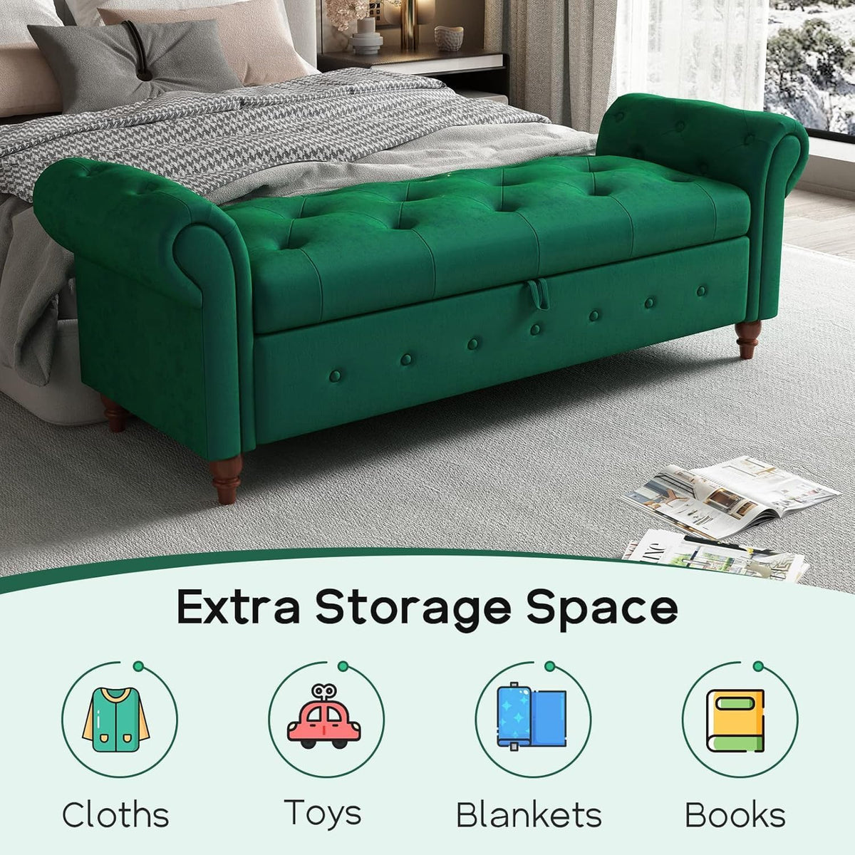 NIOIIKIT 63'' Storage Ottoman Bench Tufted Entryway Bench Dark Green Velvet | Button Tufted End of Bed, Large Storage Space, Rolled Armed Ottoman Couch Long Bench for Bedroom, Living Room, Hallway