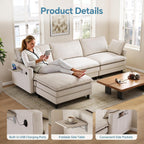 102'' L-Shaped Cloud Couch Sectional Sofa for Living Room, Beige | USB Charging Ports, Foldable Side Table, Movable Ottoman, Comfy Chenille Deep Seat