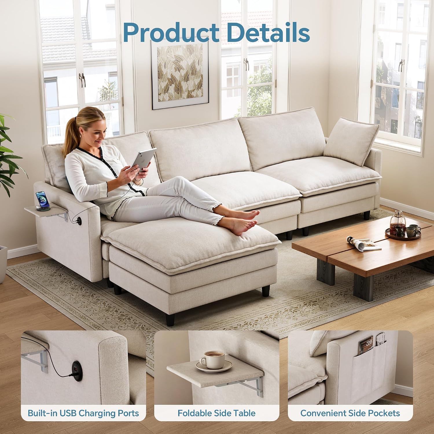102'' L-Shaped Cloud Couch Sectional Sofa for Living Room, Beige | USB Charging Ports, Foldable Side Table, Movable Ottoman, Comfy Chenille Deep Seat