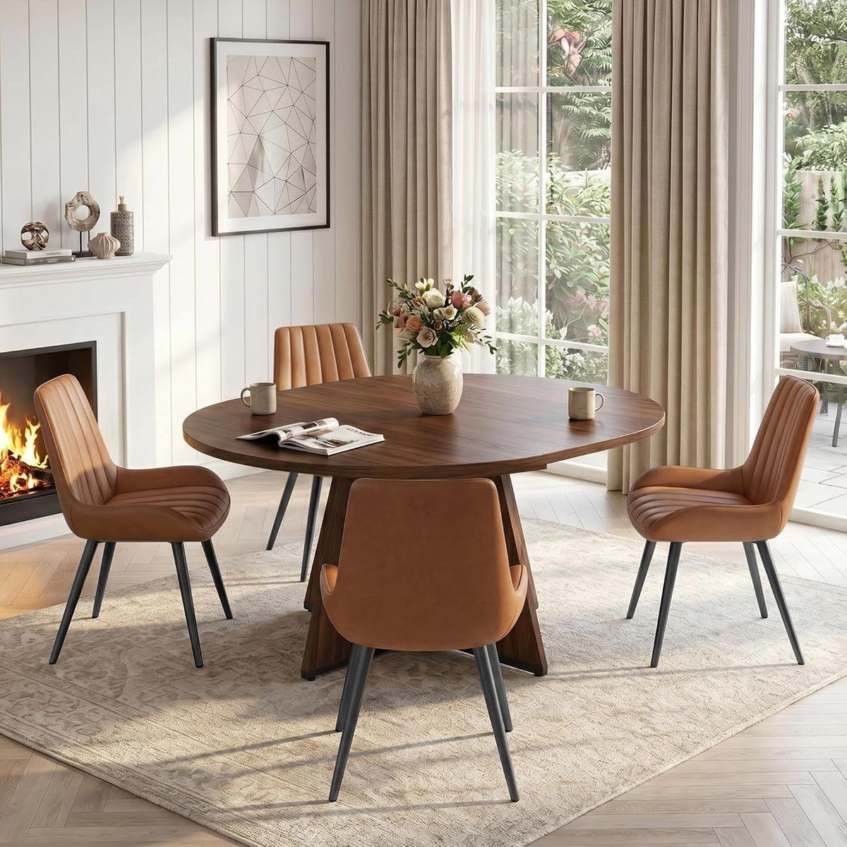 Miereirl Extendable Dining Table Set for 4-6, 47.24"-63" Round to Oval Dining Table Set with Upholstered Chairs, Hidden Storage Shelf, Kitchen & Dining Room Furniture for Apartment