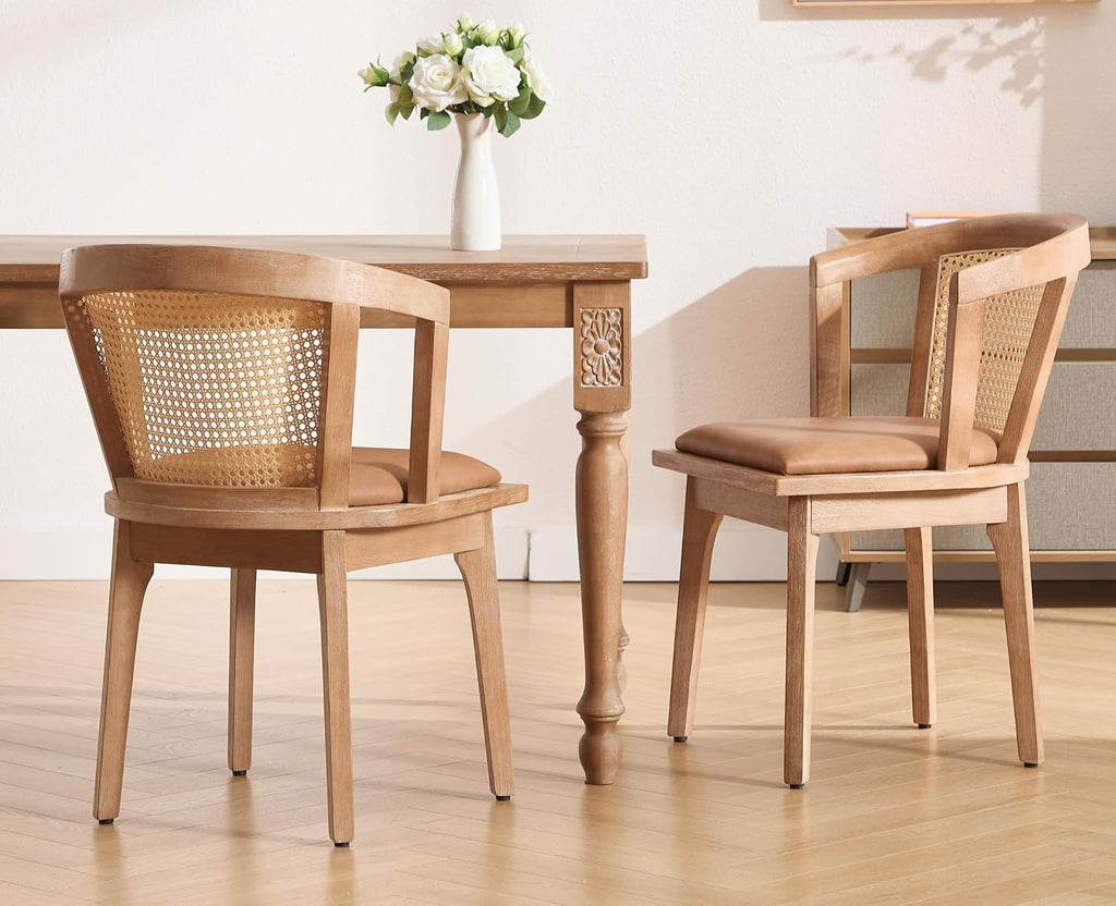 EALSON Rattan Mid Century Dining Chairs Set of 2 Modern Farmhouse Wooden Dining Room Chairs with Cane Curved Back Leather Upholstered Comfortable Kitchen Side Chairs for Restaurant, Brown