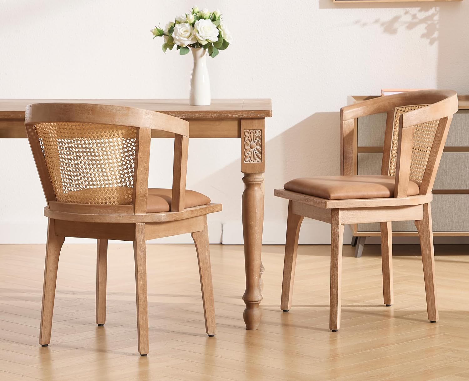 EALSON Rattan Mid Century Dining Chairs Set of 2 Modern Farmhouse Wooden Dining Room Chairs with Cane Curved Back Leather Upholstered Comfortable Kitchen Side Chairs for Restaurant, Brown