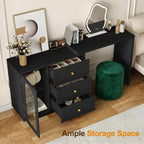 RoyalCraft 59" Makeup Vanity Desk, Black Vanity Dresser for Girls and Women | Modern Dressing Table with 3 Drawers & 1 Door, Vanity for Bedroom, L Sharped Corner Table No Mirror