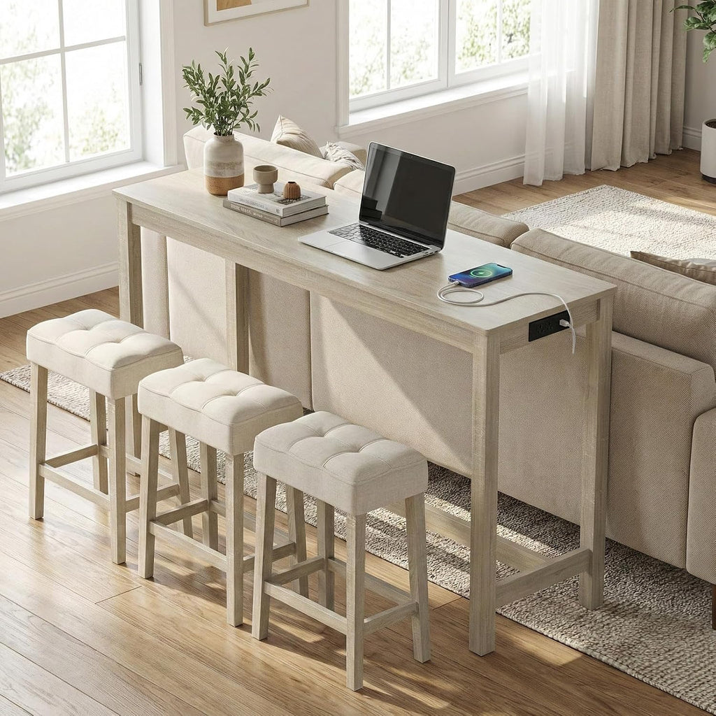 COSTWAY 4-Piece Breakfast Nook Bar Set with Built-in Charging Station | Counter Height Table with 3 Stools, Farmhouse Dining Room Table & Chairs with Wooden Frame & Cushioned Seat for Kitchen, Gray