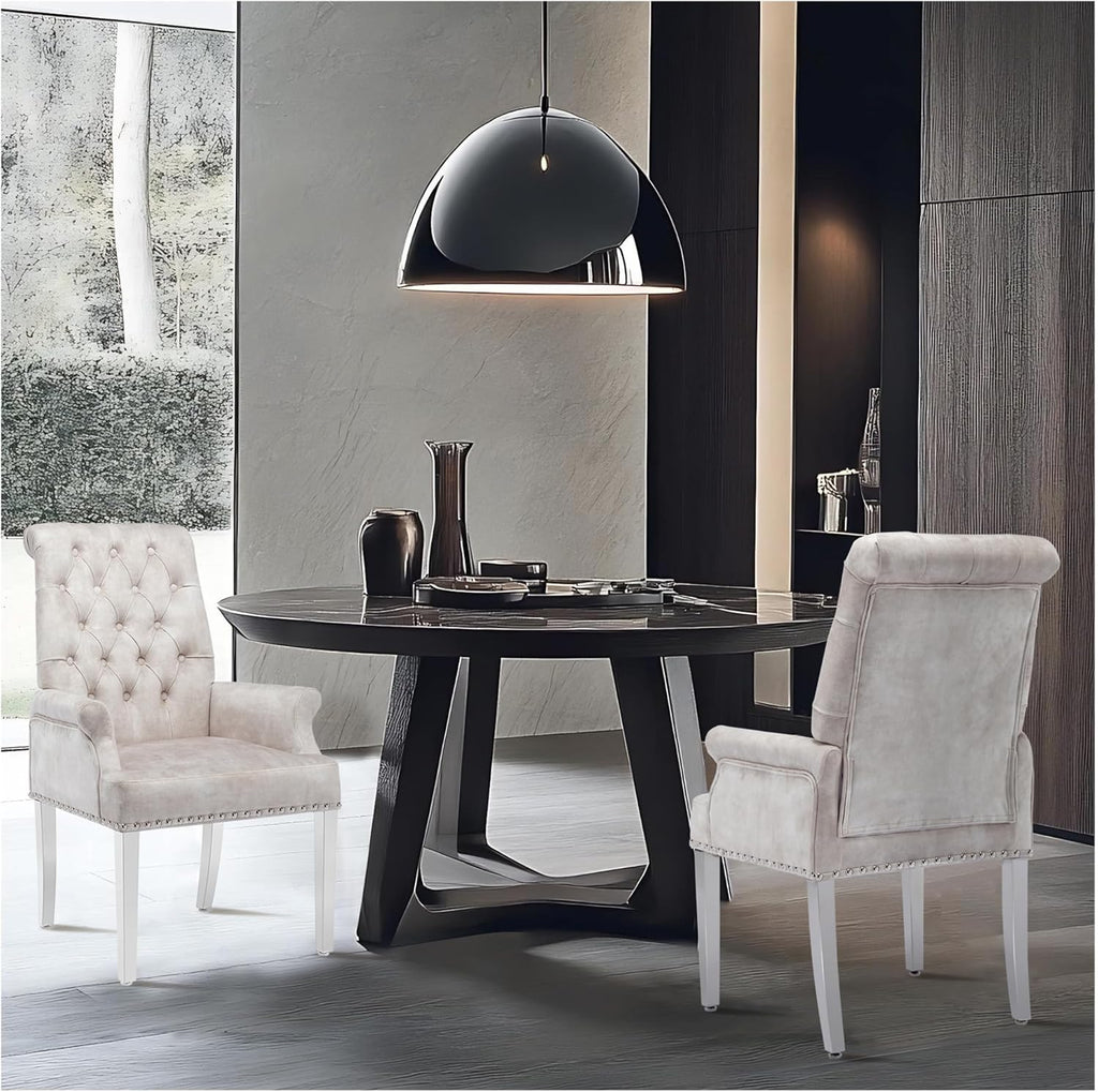 AODCHR Upholstered Velvet Accent Dining Chair, Elegant Tufted Dining Room Kitchen Room Arm Chair with Stainless Steel Leg, Beige