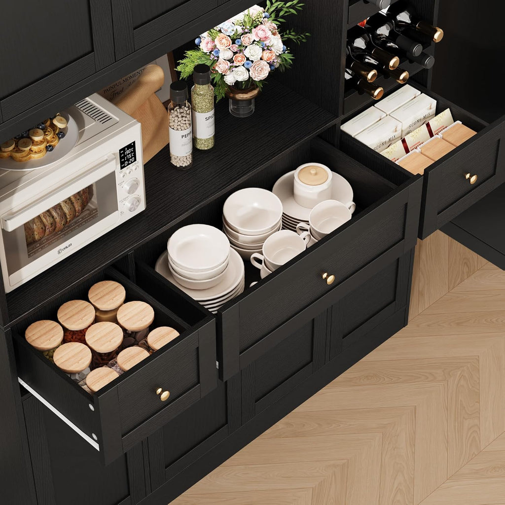 BOTLOG 72" Tall Black Pantry Cabinet with Wine Rack, Microwave Stand | Kitchen Hutch with 8 Doors and 3 Drawers for Dining Room Kitchen, Home Bar Black