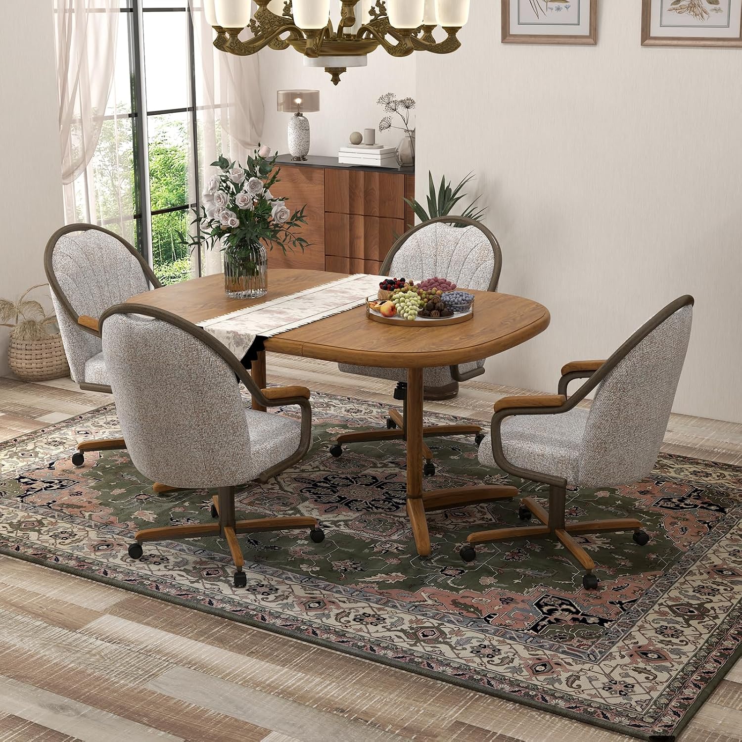 Chromcraft D7775 4pc Swivel Tilt Kitchen Dining Chair - Bronze-Chestnut | Premium Seating with Caster Wheels and Wooden Arms - Classic Rolling Comfort for Dining Room Elegance