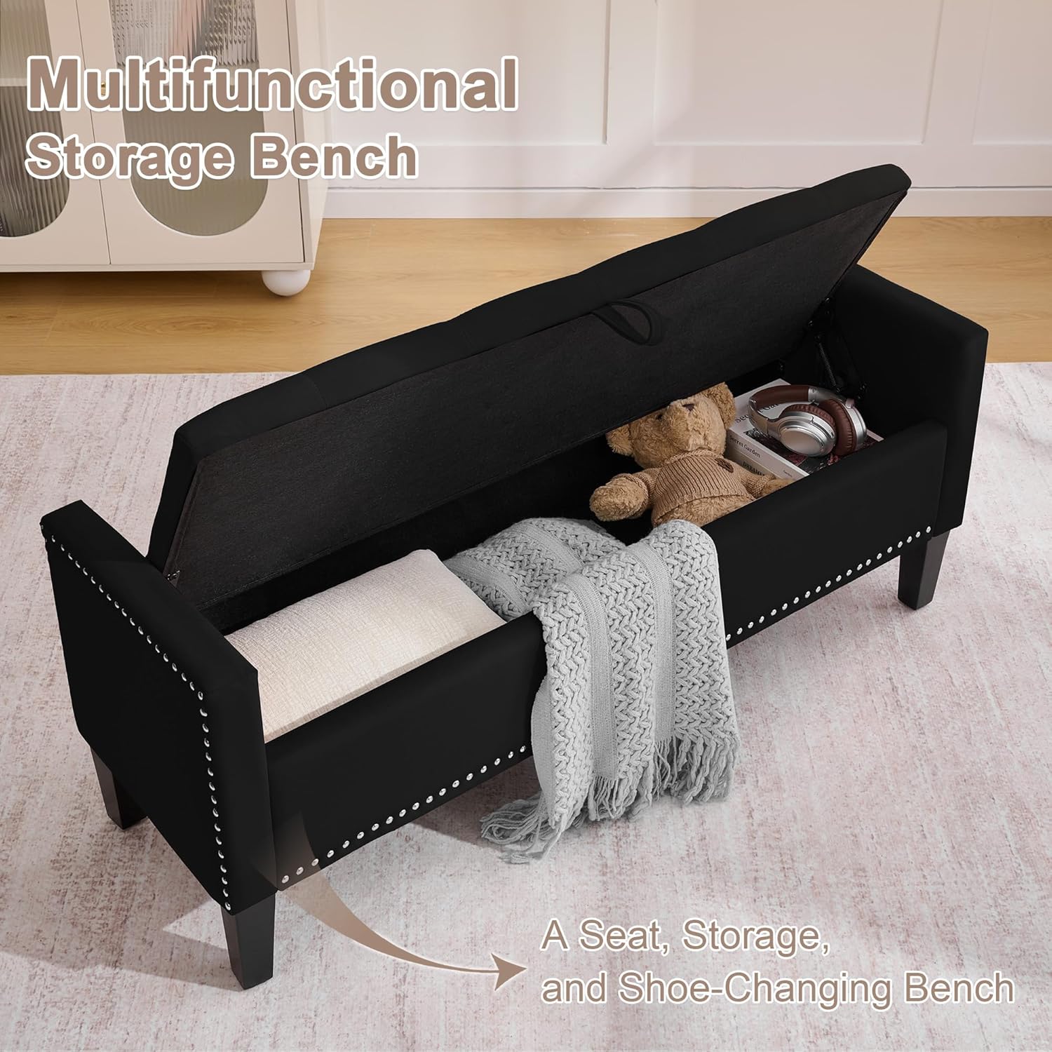 Storage Ottoman Bench, Velvet Upholstered Footstool for Bedroom and Living Room, Tufted Seat with Storage, Wooden Legs & Metal Rivets, Black