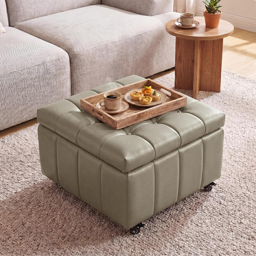 Square Leather Ottoman with Storage and Wheels,360°Rolling ottoman,Faux Leather Flip Top Storage Footstool Coffee Table, Rolling Upholstered Storage Ottoman for Living Room Entryway (Modern Grey)