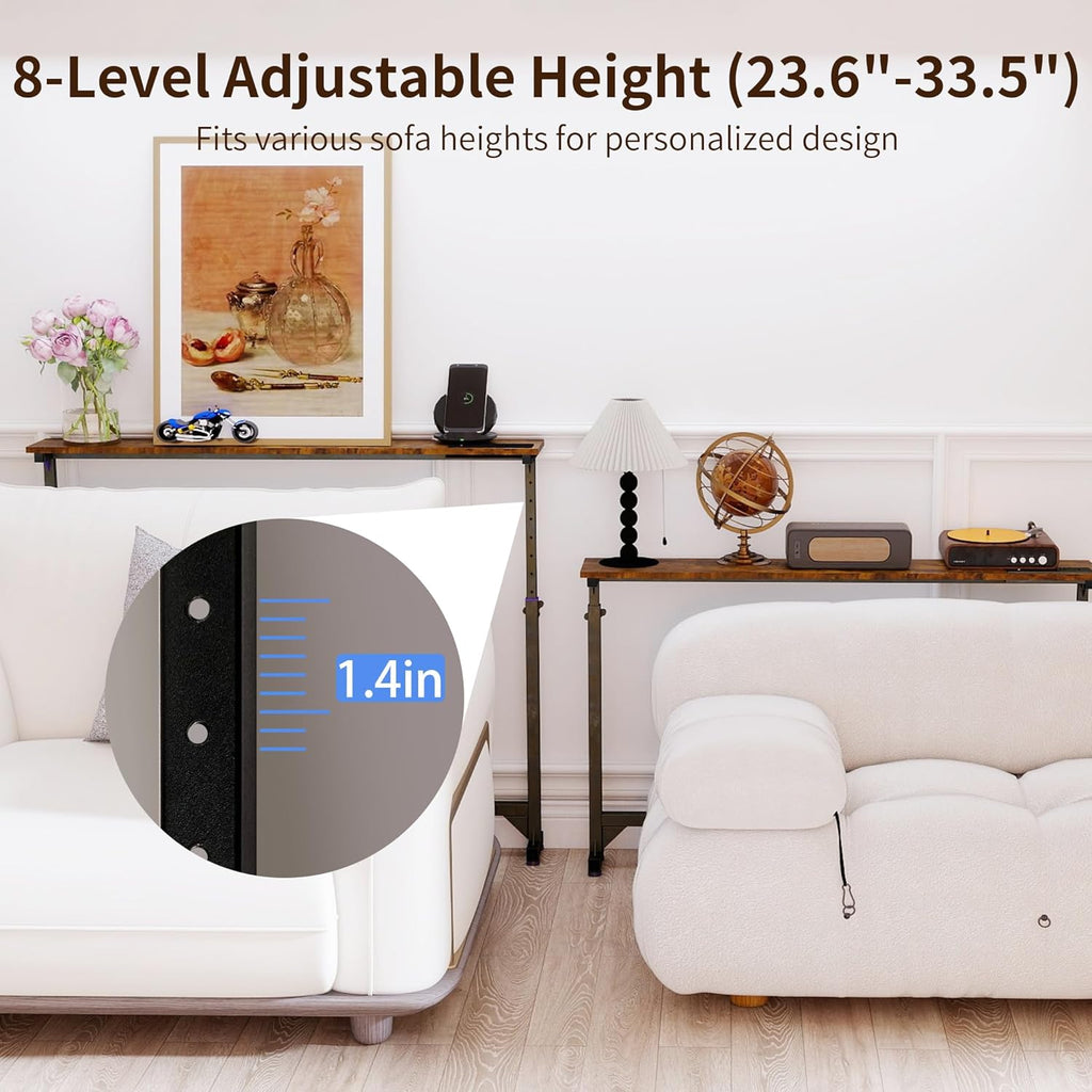 2 Pack Behind Couch Table with Charging Station, 78.8" Long Narrow Sofa Table, 8-Level Adjustable Height (23.6"-33.5"), Slim Side Table with USB-C & Outlets for Living Room, Rustic Brown