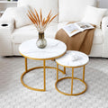 Nesting Coffee Table Set of 2, Round Coffee Table w/Marble Pattern Top, Modern Living Room Table with Sturdy Metal Frame, Industrial End Table Side Tables for Small Space Apartment (White)