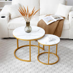 Nesting Coffee Table Set of 2, Round Coffee Table w/Marble Pattern Top, Modern Living Room Table with Sturdy Metal Frame, Industrial End Table Side Tables for Small Space Apartment (White)