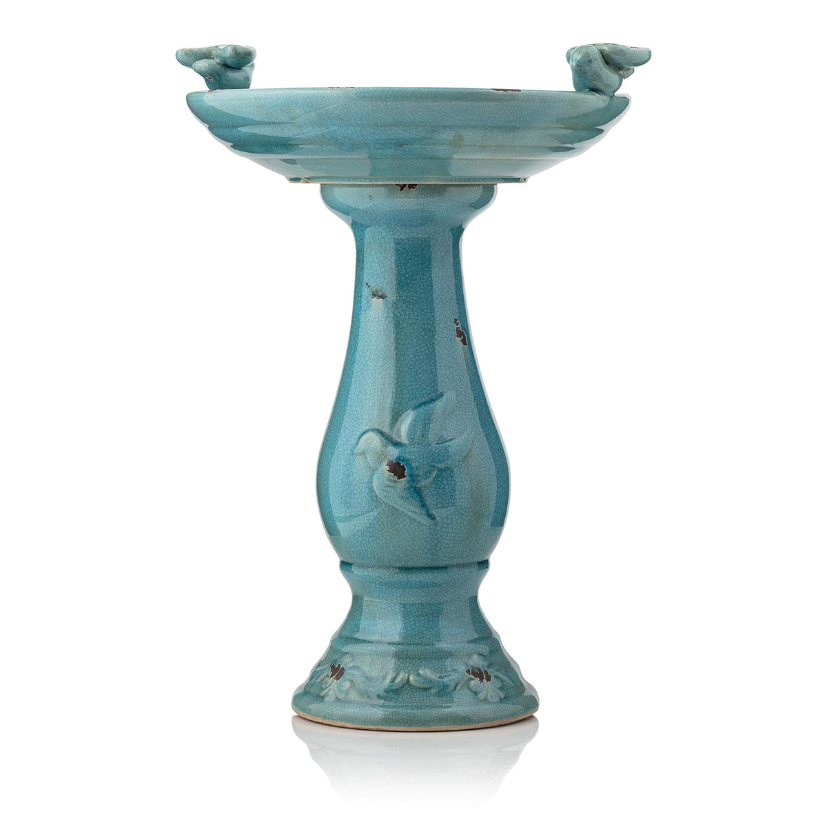 Alpine Corporation 25" Tall Outdoor Ceramic Antique Pedestal Birdbath with 2 Bird Figurines, Turquoise