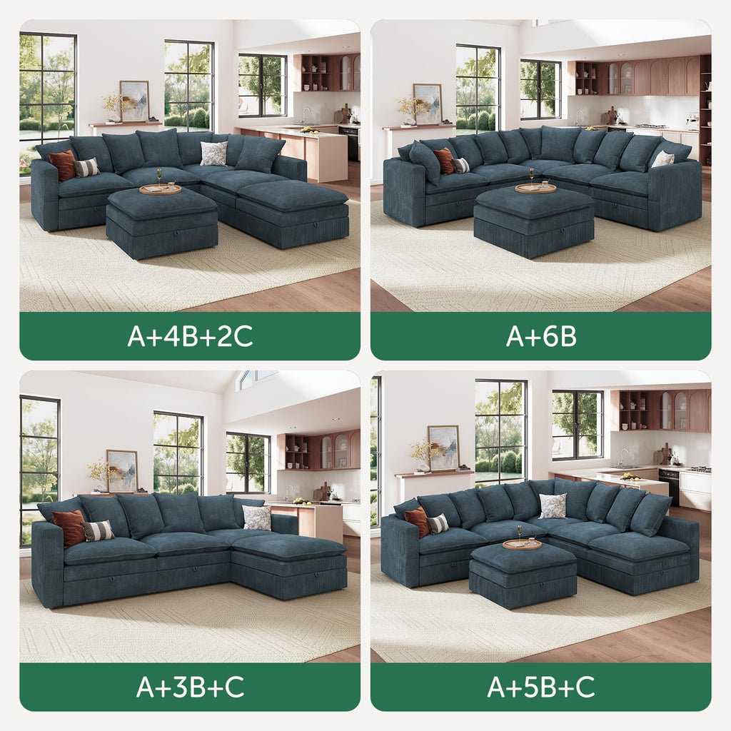 HONBAY Corduroy Ottoman, 31.5 Inch Square Ottoman Bench with Storage for Living Room, Blue