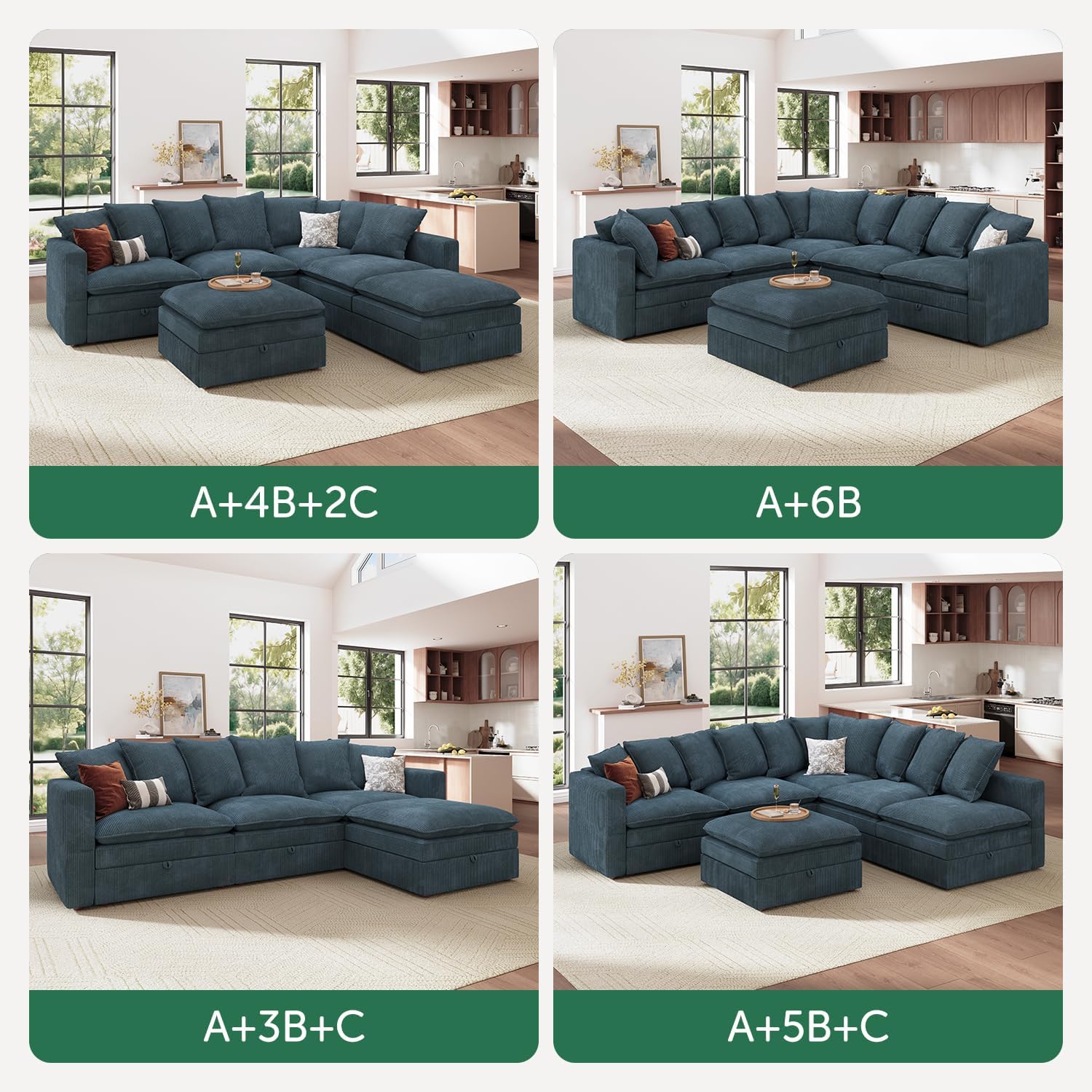 HONBAY Corduroy Ottoman, 31.5 Inch Square Ottoman Bench with Storage for Living Room, Blue
