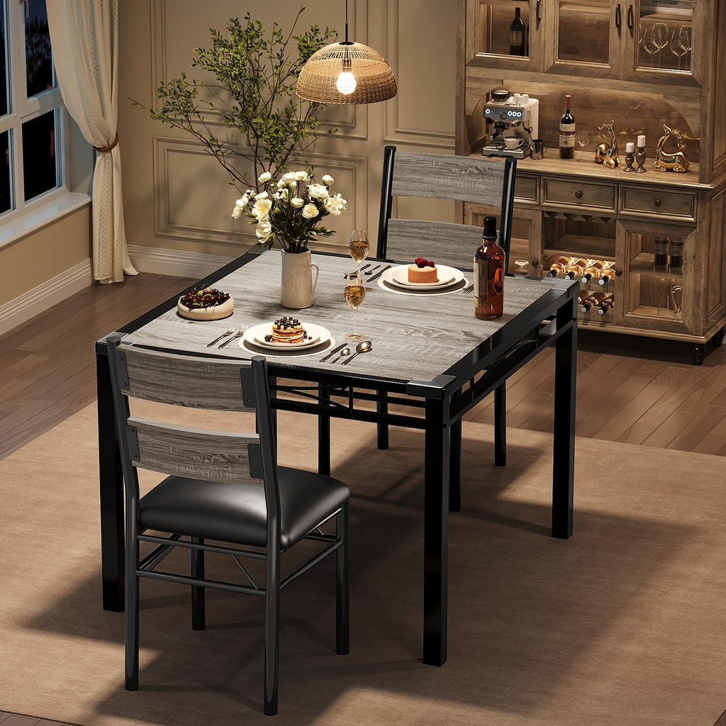 IDEALHOUSE Dining Table Set for 2 with Corner Protector, Kitchen Table Chairs Set of 2 w/Upholstered Chairs, Wood Dining Room Table Set for 2, for Dining Room, Apartment, Retro Gray