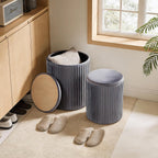 DUMOS Round Ottomans with Storage Set of 2, Vanity Stool, Foot Stool | 14.57"D x 18.11"H and 12.60"D x 14.96"H, Velvet Sturdy Ottoman for Living Room, Bedroom, Dorm, Small Apartment, Black