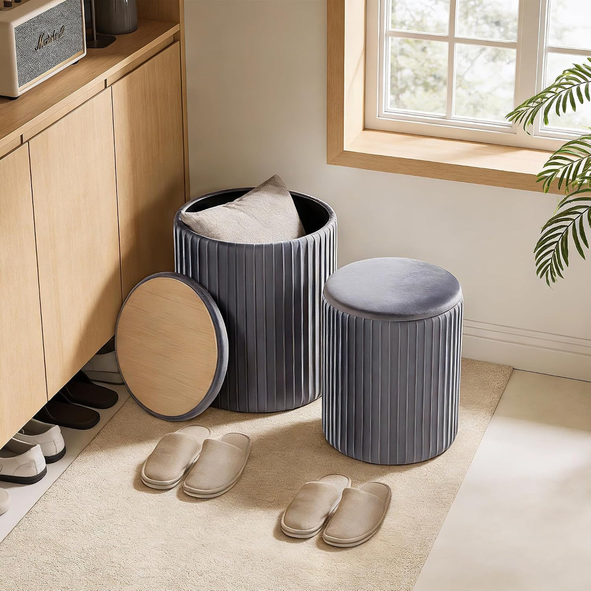 DUMOS Round Ottomans with Storage Set of 2, Vanity Stool, Foot Stool | 14.57"D x 18.11"H and 12.60"D x 14.96"H, Velvet Sturdy Ottoman for Living Room, Bedroom, Dorm, Small Apartment, Black