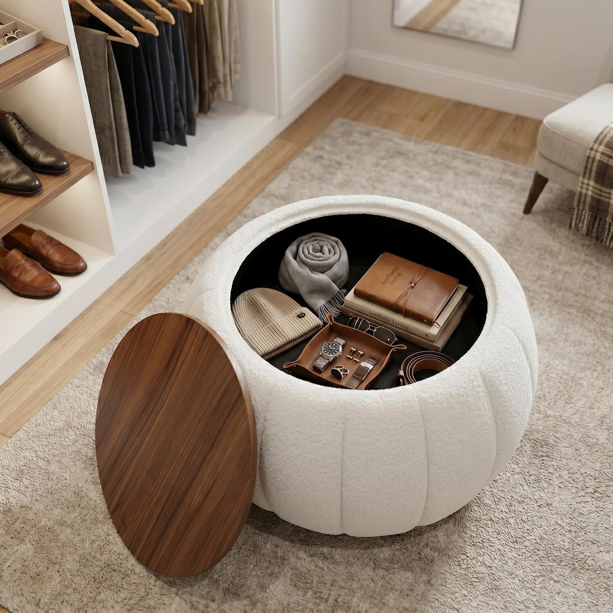 Ottoman Coffee Table for Living Room, Wooden Top Large Storage Ottoman, 30 Inches Round Coffee Table, Pumpkin Shaped Side Table, Multifunctional Teddy Fabric Footstool (White)