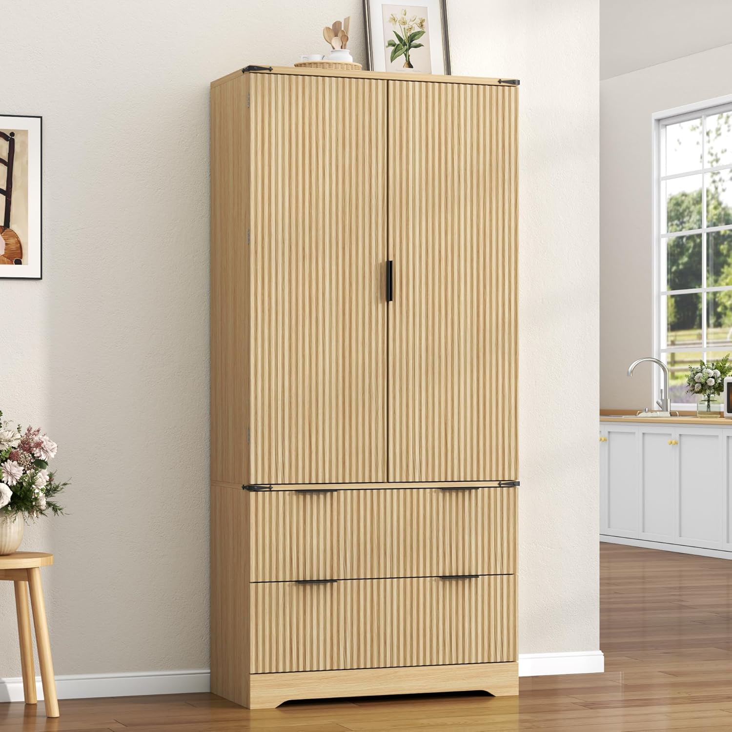 71" Tall Fluted Kitchen Pantry Storage Cabinet with 2 Drawers & 7 Door Shelf,Modern Kitchen Hutch Cabinet with Adjustable Shelves,Wood Food Pantry w/Wine Rack & Glass Holder,Cupboard for Dining Room