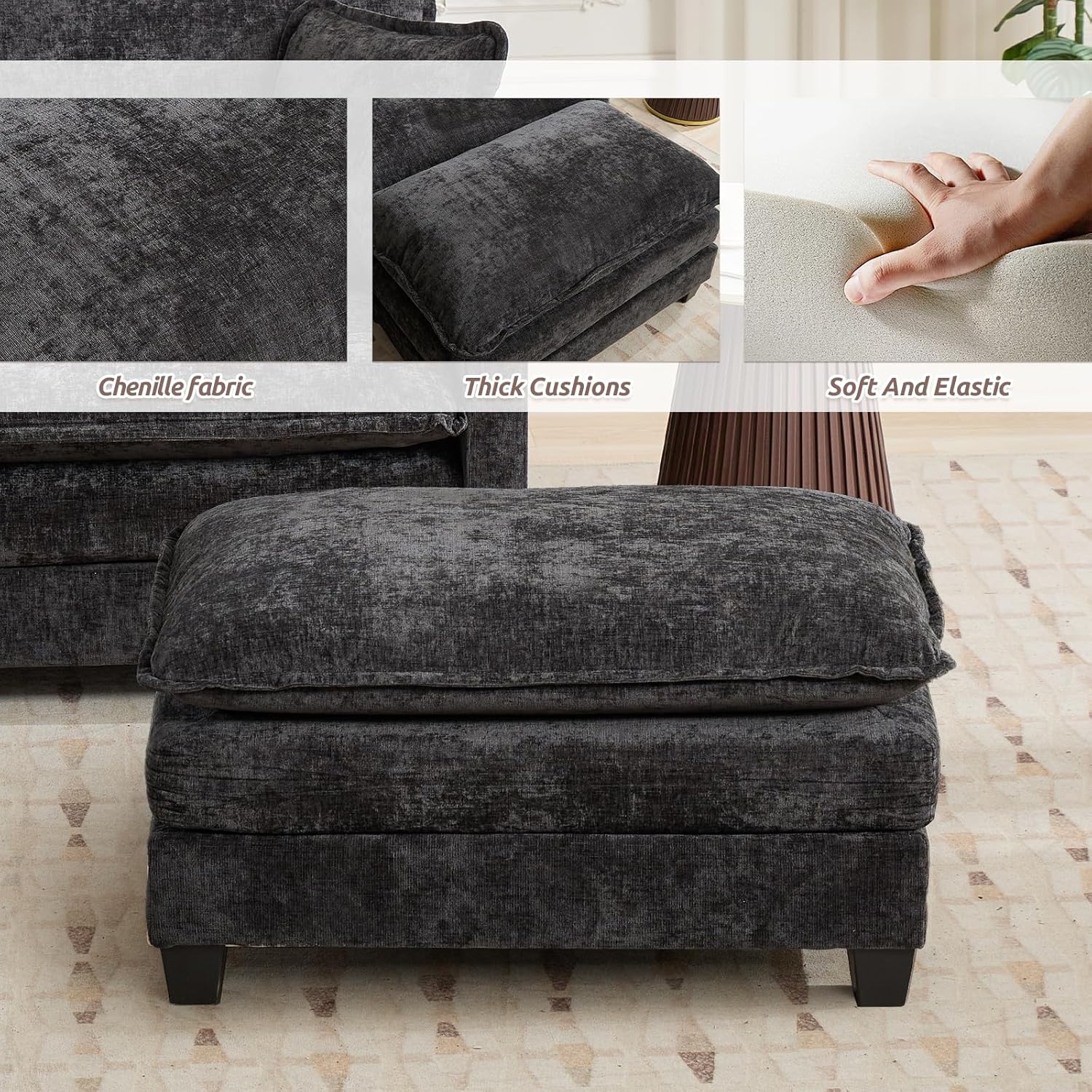 Chenille Upholstered Ottoman Footstool with Cushion for Sectional Sofa Couch 300lbs for Living Room,Apartment,Home Theater(Dark Grey)