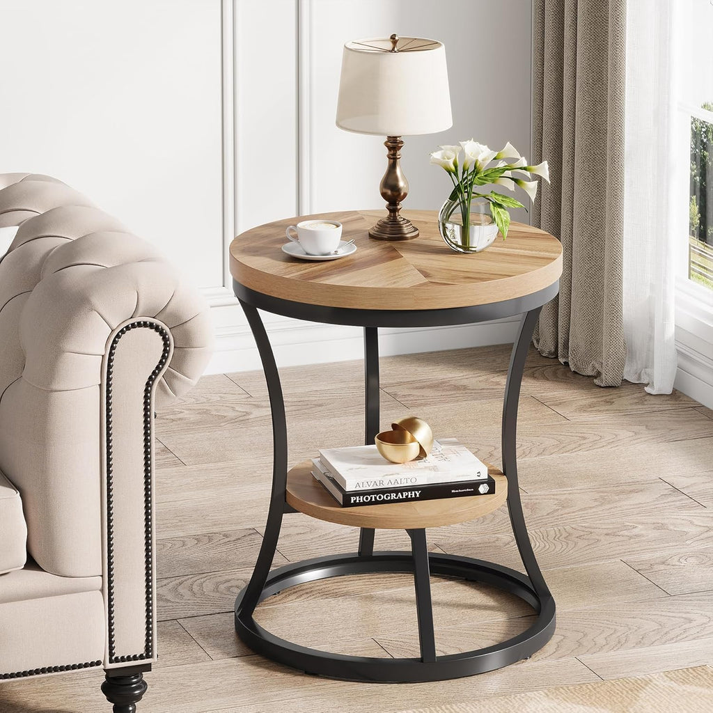 Round End Table, 2 Tier Industrial Side Table, Accent Bedside Table Nightstand with Metal Frame for Living Room, Bedroom, Small Spaces, Easy Assembly, Light Brown & Black