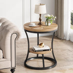 Round End Table, 2 Tier Industrial Side Table, Accent Bedside Table Nightstand with Metal Frame for Living Room, Bedroom, Small Spaces, Easy Assembly, Light Brown & Black