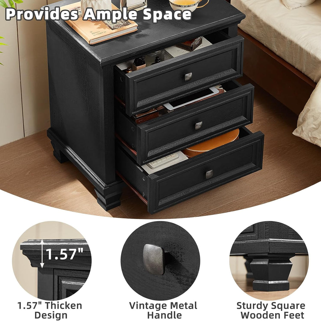 SAVOR LIFE 3-Drawer Nightstand Set of 2 with Solid Wood Legs, Black | Pair of three-drawer bedside tables with sturdy square wood legs for matching bedroom storage or living-room end tables