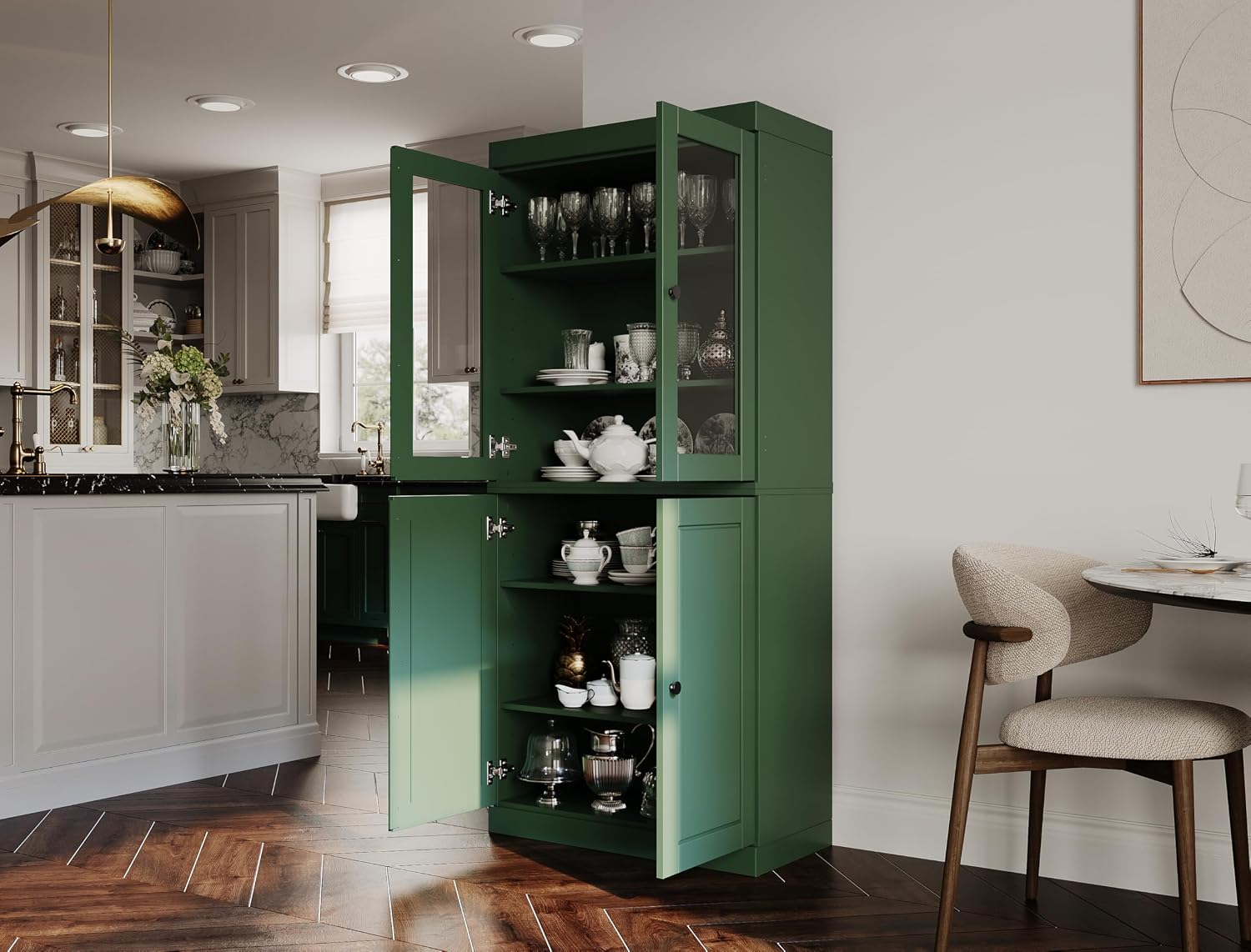 Palace Imports 100% Solid Wood Kitchen Pantry w/ 2 Glass Doors & Bottom Wooden Storage Cabinet, Green, 32" w x 71.5" h, Renewable Eco-Friendly Wood, Made in Brazil