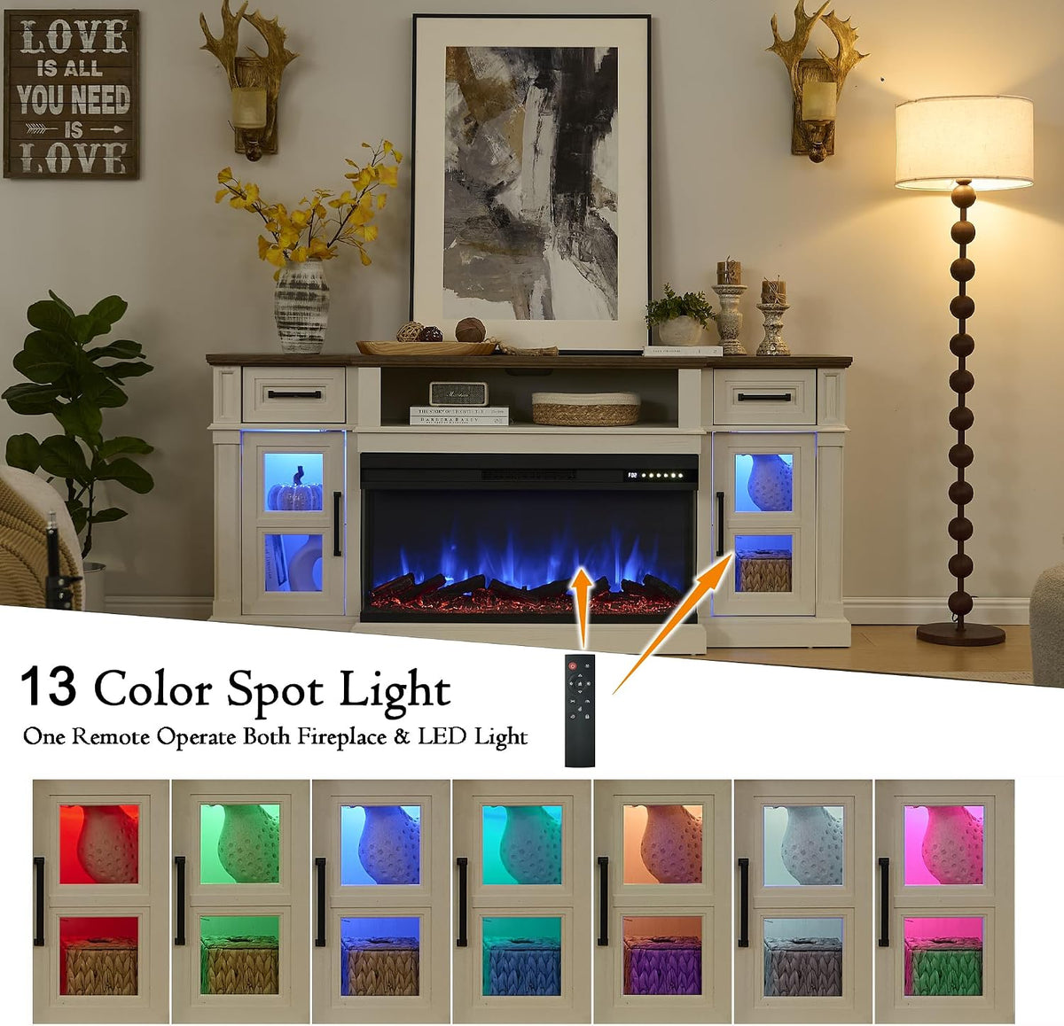 3-Side Fireplace TV Stand for up to 80 Inch TV, LED Entertainment Center with 36 Inch Electric Fireplace, Farmhouse TV Console Table w/Drawers & Cabinets for Living Room, White