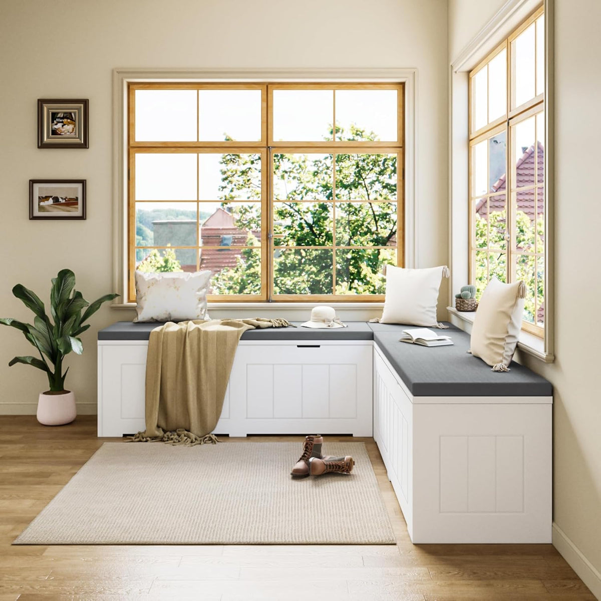 L Shaped Corner Storage Bench with Cushion, Breakfast Nook Bench, Kitchen Banquette Dining Seating with Hidden Storage, Flip-Top Shoe Storage Benches for Entryway Cloakroom