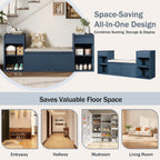 SOFTSEA All-in-One Entryway Storage Bench with Cushion, Compartments, Drawers and Open Shelves, Farmhouse Storage Bench for Hallway, Mudroom, Living Room, Antique Navy