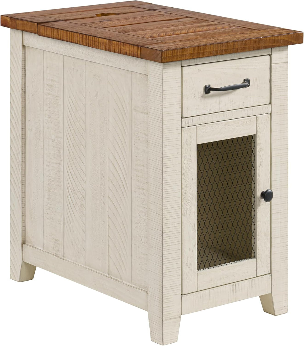 Martin Svensson Home Rustic Solid Wood Chairside End Table, White and Honey | with Power, Cabinet Storage, One Drawer