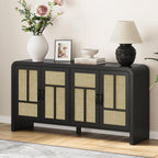 RoyalCraft Buffet Cabinet with Storage Sideboard Accent Farmhouse Credenza with 4 Doors & Shelves Rattan 59" Media Console Boho Coffee Bar Table for Living Room Kitchen Dining Room Hallway