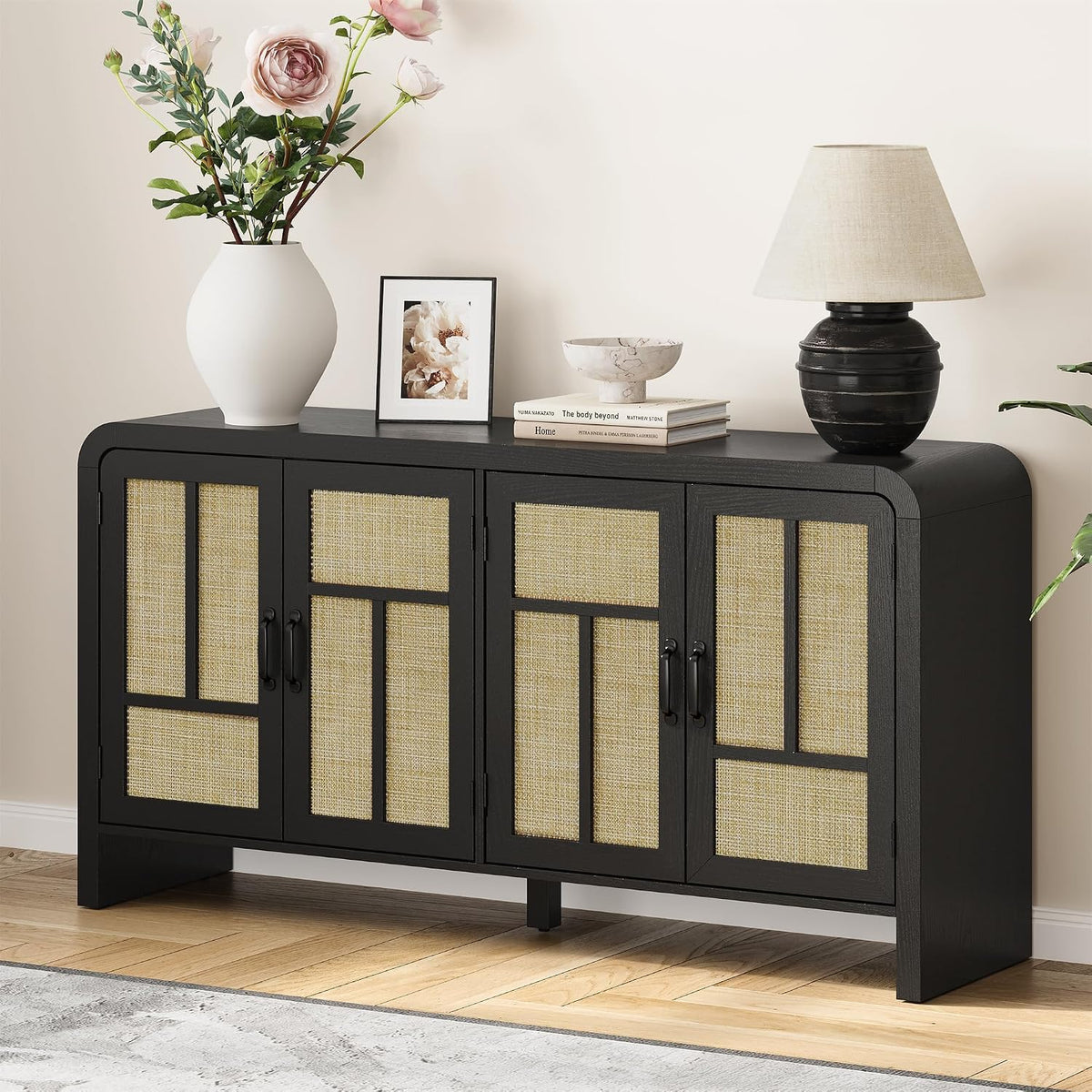 RoyalCraft Buffet Cabinet with Storage Sideboard Accent Farmhouse Credenza with 4 Doors & Shelves Rattan 59" Media Console Boho Coffee Bar Table for Living Room Kitchen Dining Room Hallway