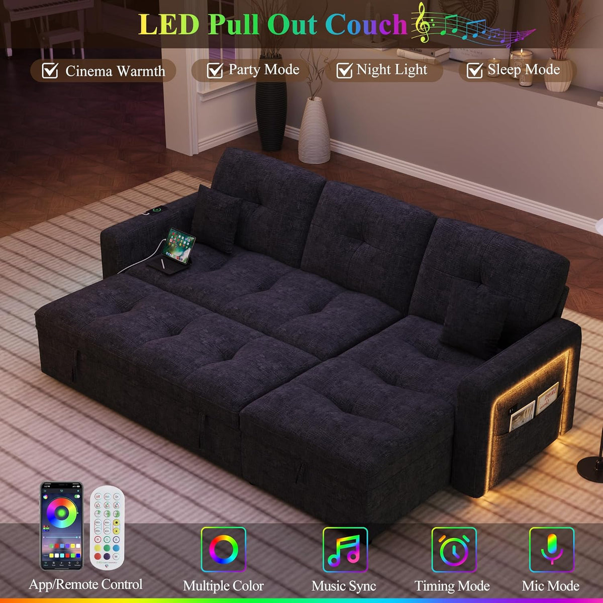 81'' LED L-Shaped Sectional Couch for Living Room, Sleeper Sofa Bed, Black | Comfy Chenille Cloud Couch, Pull Out Bed, Storage Chaise, 5-level Adjustable Backrest, USB Charging, 2 Pillow, 900LB Capacity