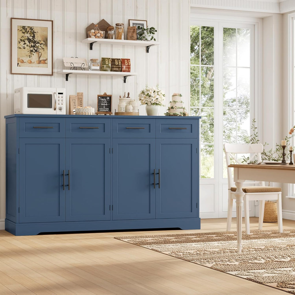 HOSTACK 60" Large Buffet Sideboard with Storage, 36" Tall Kitchen Buffet Storage Cabinet with 4 Drawers, Modern Coffee Bar Cabinet with Black Handles, Long Sideboard Buffet Table for Kichen, Blue