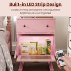 RoyalCraft Nightstand with LED Light Strips, Pink End Table for Bedroom | Modern Bedside Table with 360°Rotating Drawer, Wood Night Stand Cabinet with Glass Door Storage for Living Room, Home Office