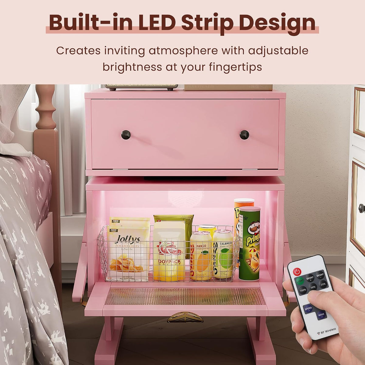 RoyalCraft Nightstand with LED Light Strips, Pink End Table for Bedroom | Modern Bedside Table with 360°Rotating Drawer, Wood Night Stand Cabinet with Glass Door Storage for Living Room, Home Office