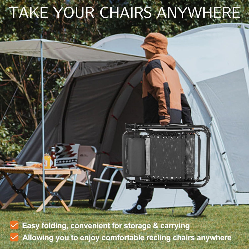 Sweetcrispy Zero Gravity Chairs Set of 2, Outdoor Folding Patio Lounge Chair with Cup Holder Tray, Portable Beach Camping Recliner for Poolside, Garden, Backyard, Lawn, Solid Black