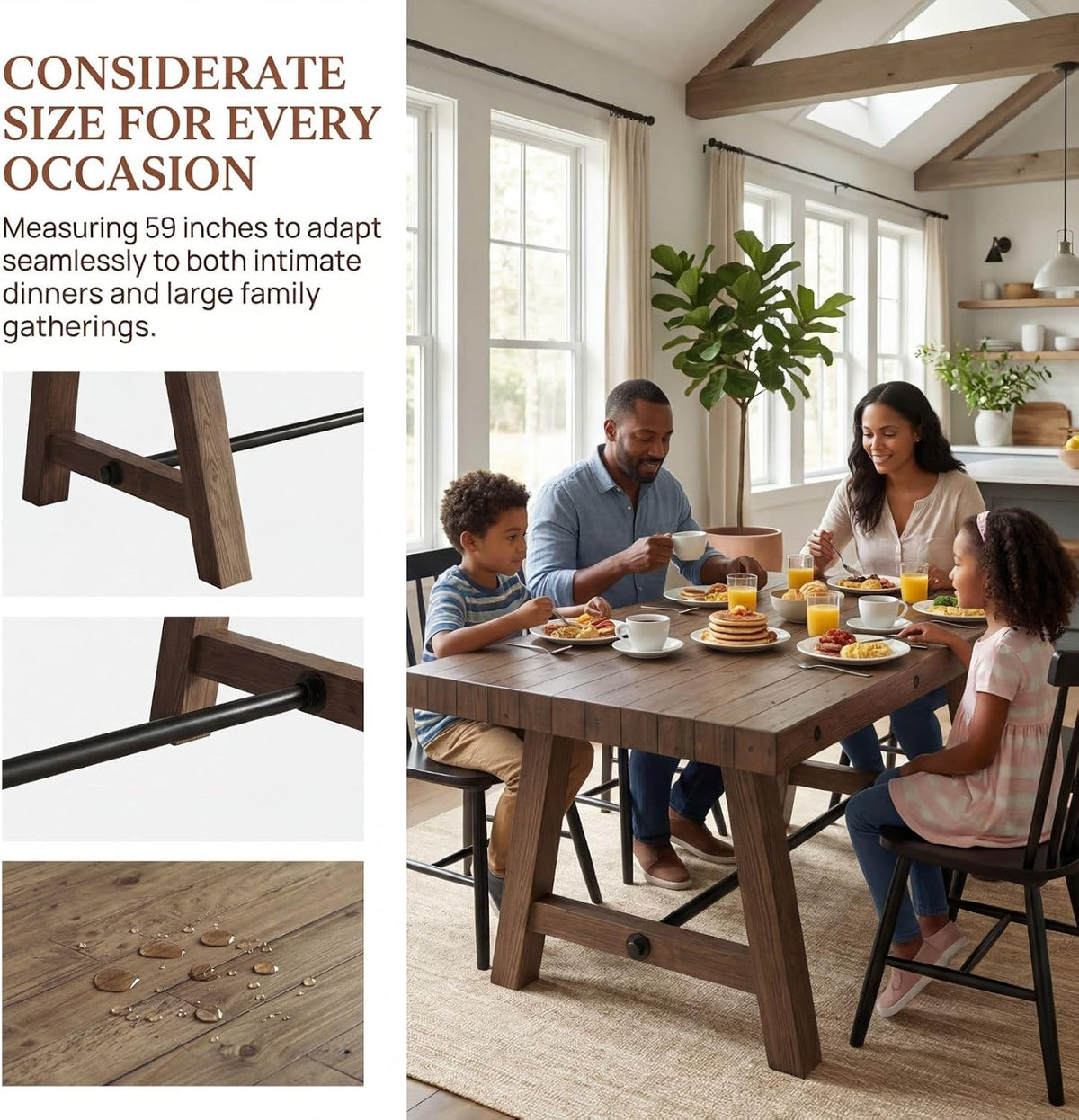 Rustic Farmhouse Dinning Table, Reclaimed Solid Wood Kitchen & Dining Room Table for 4-6 People, 59" Wooden Rectangular Kitchen Table with Trestle Base for Dining/Kitchen Room, Walnut